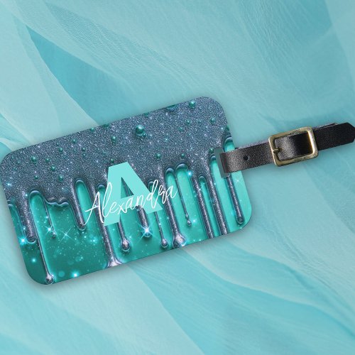 Fancy Chic Glam Teal Paint Drip Name Monogram Luggage Tag