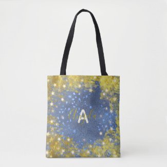 Fancy Chic Starry Glittery Blue And Gold Girly Tote Bag