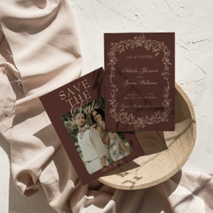 Fancy Chocolate Brown Beige Floral Photo Wedding Save The Date