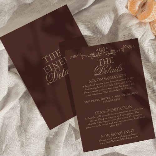 Fancy Chocolate Brown Floral Boho Wedding Details Enclosure Card