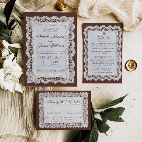 Fancy Chocolate Brown Lace Old Money Wedding Invitation