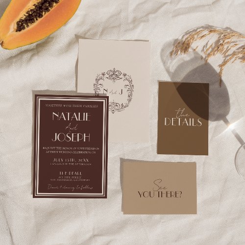 Fancy Chocolate Brown Old Money Retro Wedding Invitation