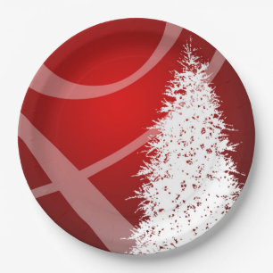 Fancy Christmas Tree Holiday Xmas Design Red White Paper Plates