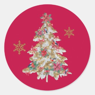 Fancy Christmas Tree with Birds Red Classic Round Sticker