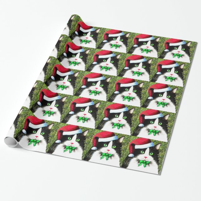 Fancy Christmas Tuxedo Cat Wrapping Paper (Unrolled)