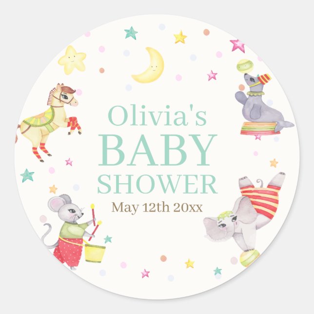 Fancy Circus Carnival Animals Baby Shower Classic Round Sticker (Front)