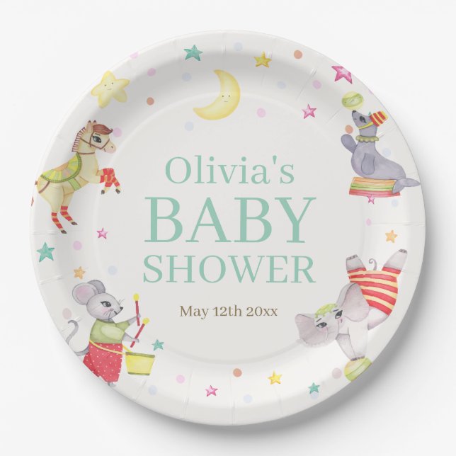 Fancy Circus Carnival Animals Baby Shower Paper Plates (Front)
