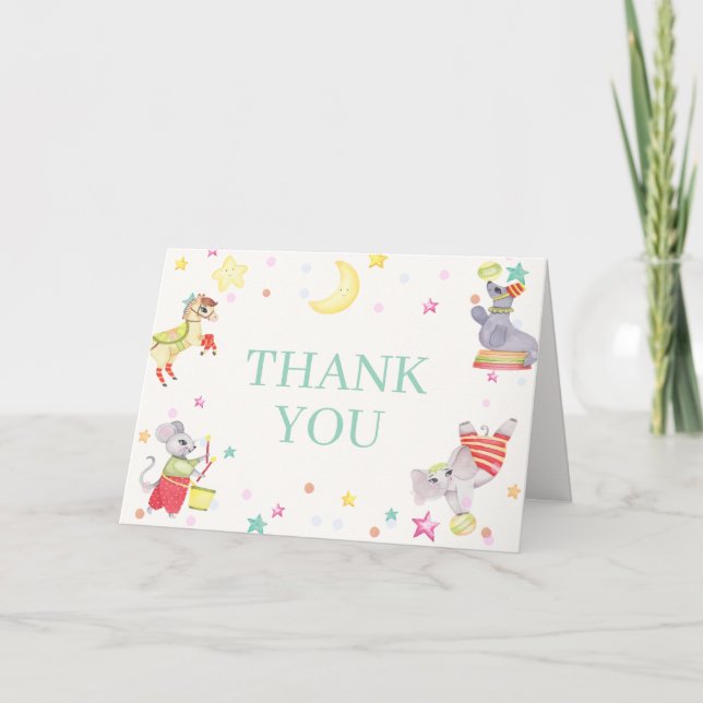 Fancy Circus Carnival Animals Baby Shower Thank You Card (Front)
