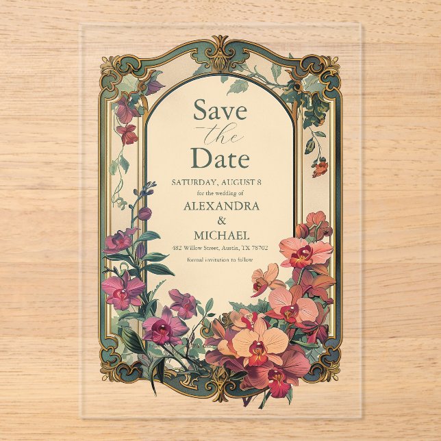 Fancy Classic Decorative Art Nouveau Wedding Acrylic Invitations (Front)