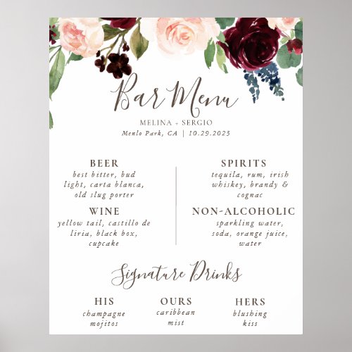 Fancy Classic Flowers Wedding Bar Menu  Poster