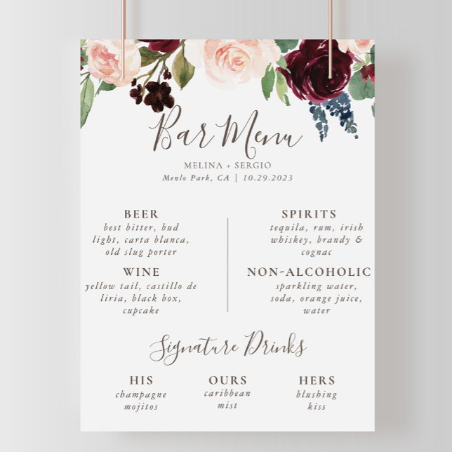 Fancy Classic Flowers Wedding Bar Menu  Poster (Creator Uploaded)