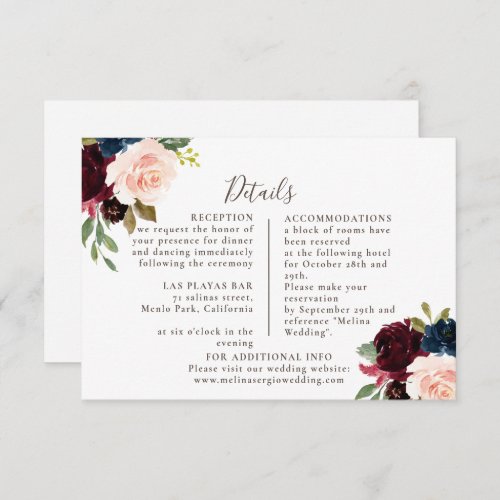 Fancy Classic Flowers Wedding Details  Enclosure Card