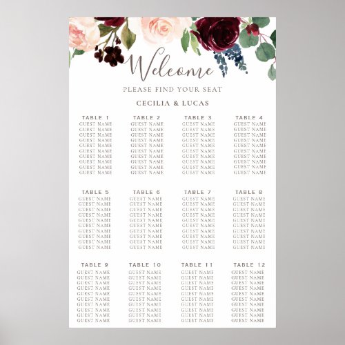 Fancy Classic Flowers Wedding Seating Chart