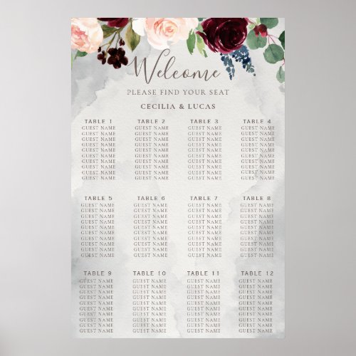 Fancy Classic Rose Flowers Wedding Seating Chart