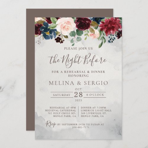 Fancy Classic Rose Peony flowers Rehearsal Dinner Invitation