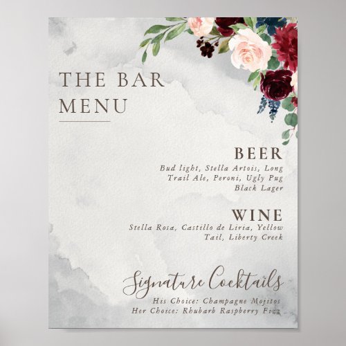 Fancy Classic Rose Peony Flowers Wedding Bar Menu  Poster