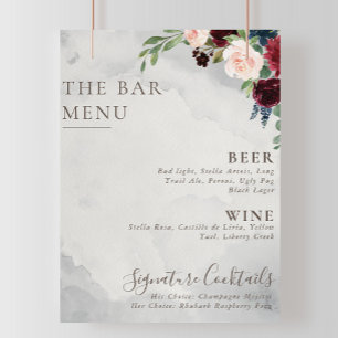 Fancy Classic Rose Peony Flowers Wedding Bar Menu Poster