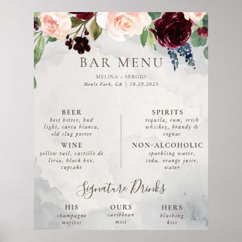 Fancy Classic Rose Peony flowers Wedding Bar Menu  Poster