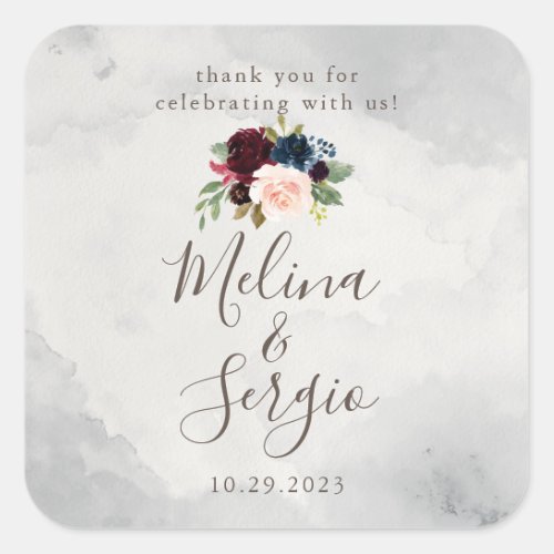 Fancy Classic Roses Peony Flowers Wedding Favor  Square Sticker