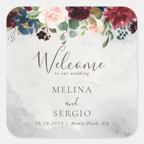 Fancy Classic Roses Peony Flowers Wedding Welcome  Square Sticker