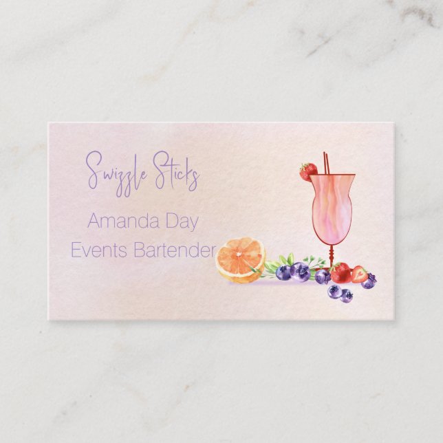 Fancy Cocktail Watercolor Bartender Business Card (Front)