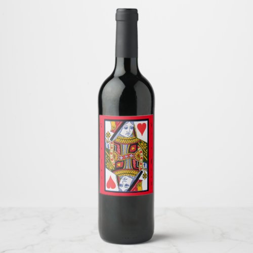 Fancy Colorful Heart Queen Playing Card on Red Wine Label