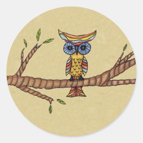 Fancy Colorful Owl Branch Classic Round Sticker