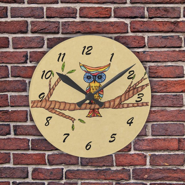 Fancy Colorful Owl Tree Branch Round Clock (Colourful whimsical own on branch on tan round wall clock.)