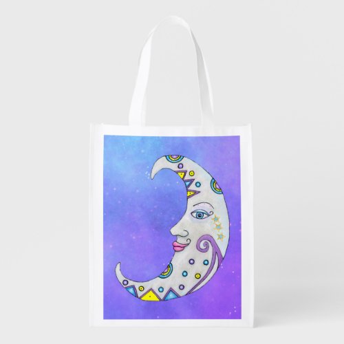 Fancy Colorful White Crescent Moon Face Purple Sky Grocery Bag