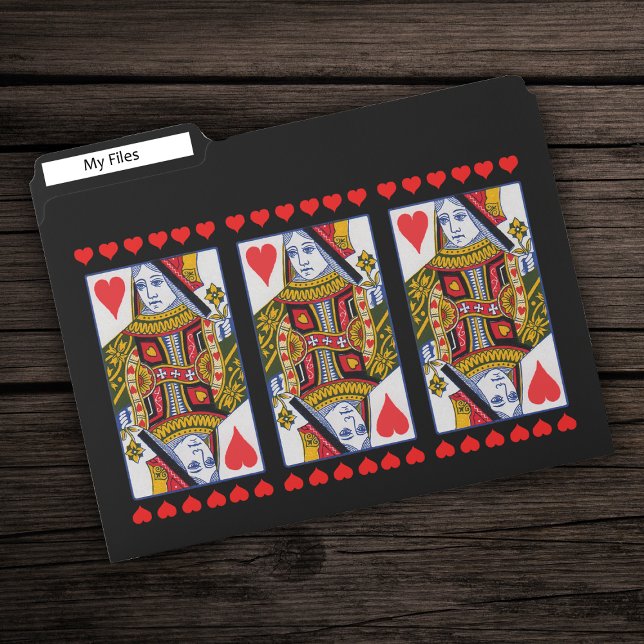 Fancy Colourful Heart Queen Playing Cards Black File Folder (Heat queen colourful playing cards with rows of bright red hearts on black file folders.)