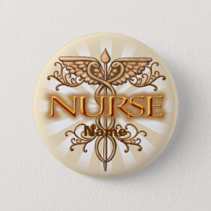 Fancy Copper Caduceus Nurse custom name Button