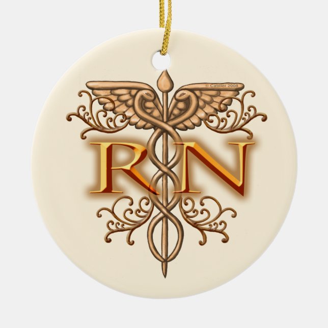 Fancy Copper Caduceus RN Nurse Ceramic Ornament (Front)