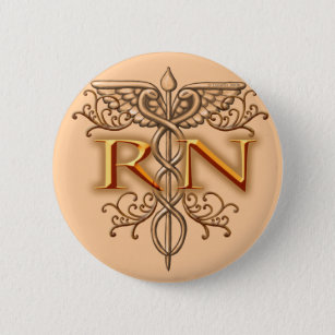 Fancy Copper Caduceus RN Nurse custom namepin Pinback Button
