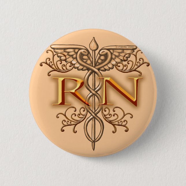 Fancy Copper Caduceus RN Nurse Pinback Button (Front)