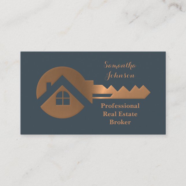Fancy Copper Key Real Estate Broker Business Card (Front)