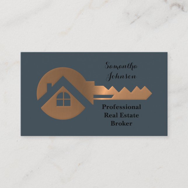 Fancy Copper Key Real Estate Broker Business Card (Front)