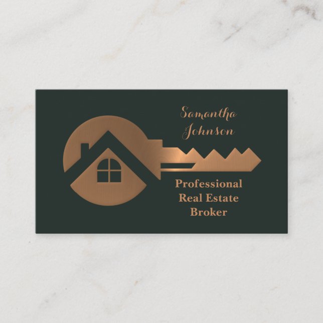 Fancy Copper Key Real Estate Broker Business Card (Front)