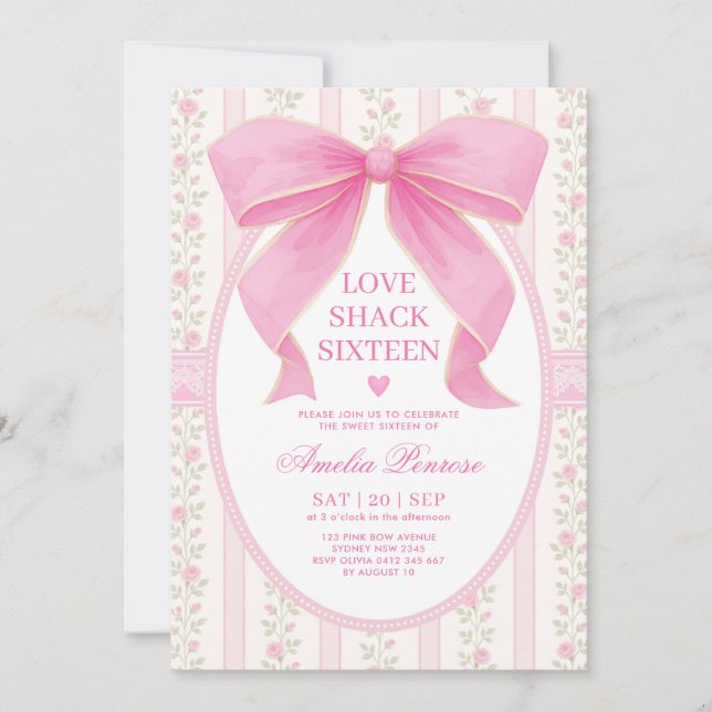 Fancy Coquette Sweet 16 Pink Bow Birthday Invitation (Front)