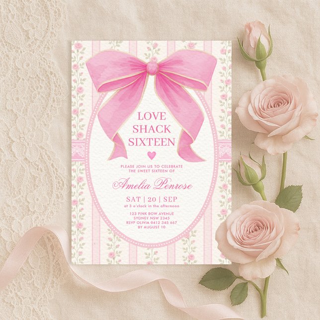 Fancy Coquette Sweet 16 Pink Bow Birthday Invitation (Creator Uploaded)