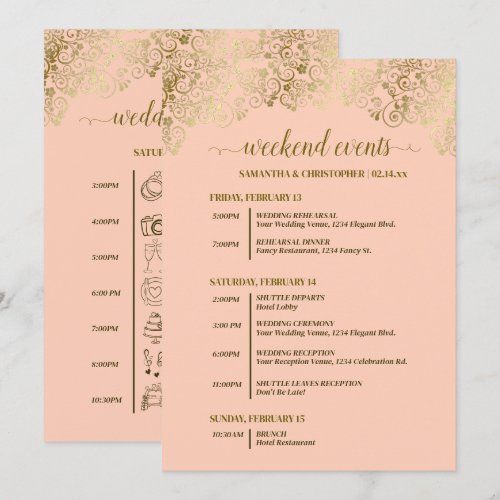 Fancy Coral Peach & Gold Wedding Events & Timeline Program