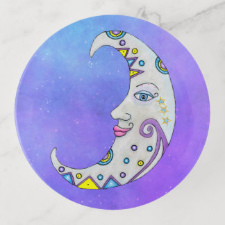 Fancy Crescent Moon Face Colorful Bright Abstract Trinket Tray