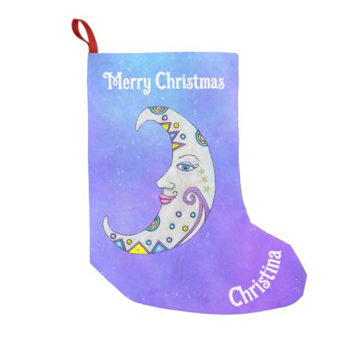 Fancy Crescent Moon Pretty Face Colorful Shapes Small Christmas Stocking