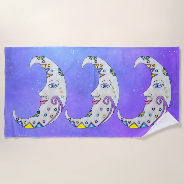 Fancy Crescent Moons Faces Bright Colors Purple Beach Towel (Front)