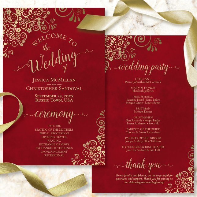 Fancy Crimson Red & Gold Budget Wedding Program (Front and Back)