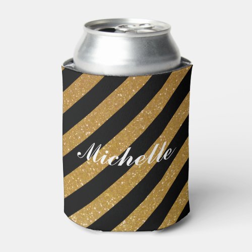 Fancy custom name gold glitter striped can coolers