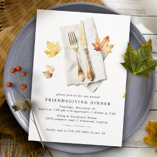 Fancy Cutlery Rustic Fall Leaf Friendsgiving Invitation