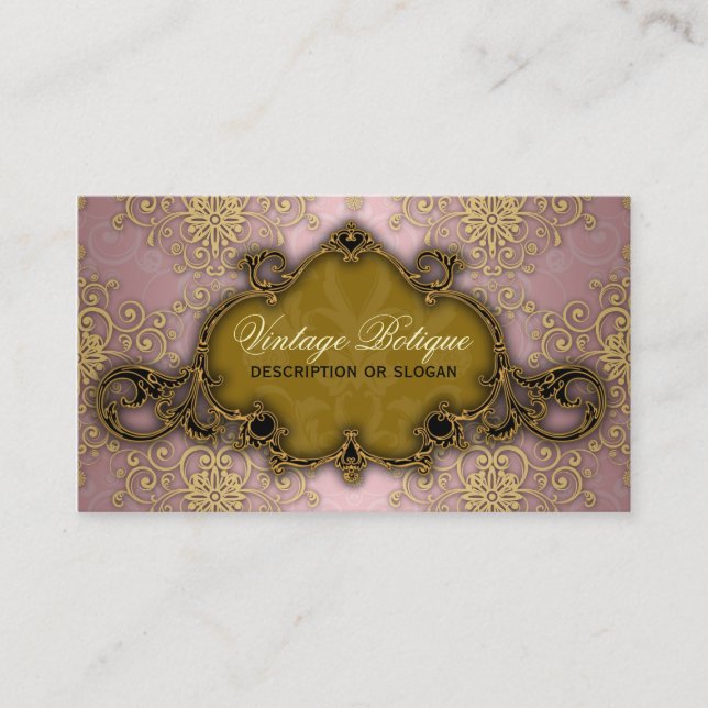 Fancy Damask Pink and Gold Botique Business Card (Front)