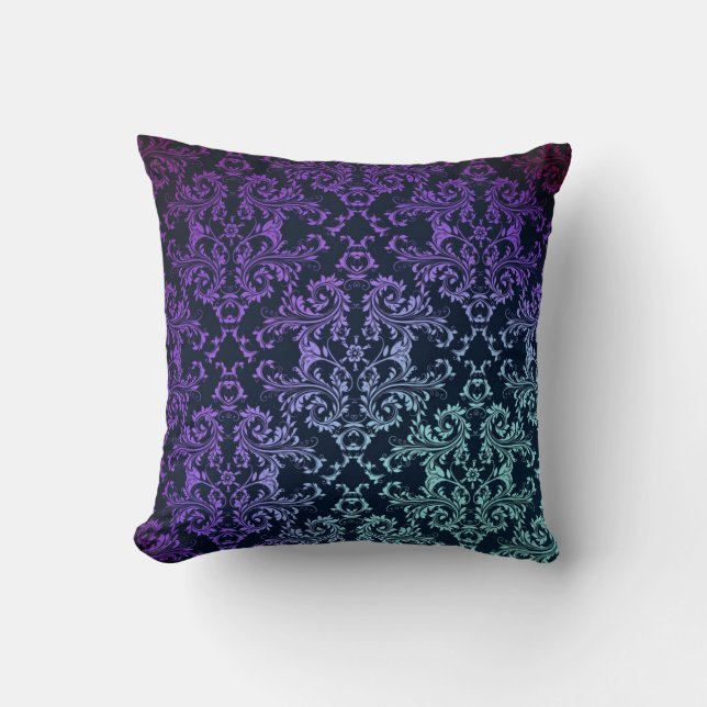 FAncy Damask Teal Blue Purple Black Throw Pillow (Front)