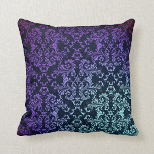 FAncy Damask Teal Blue Purple Black Throw Pillow