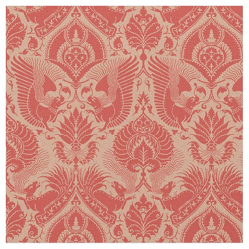 Fancy Damask with Animals, Coral Red Fabric